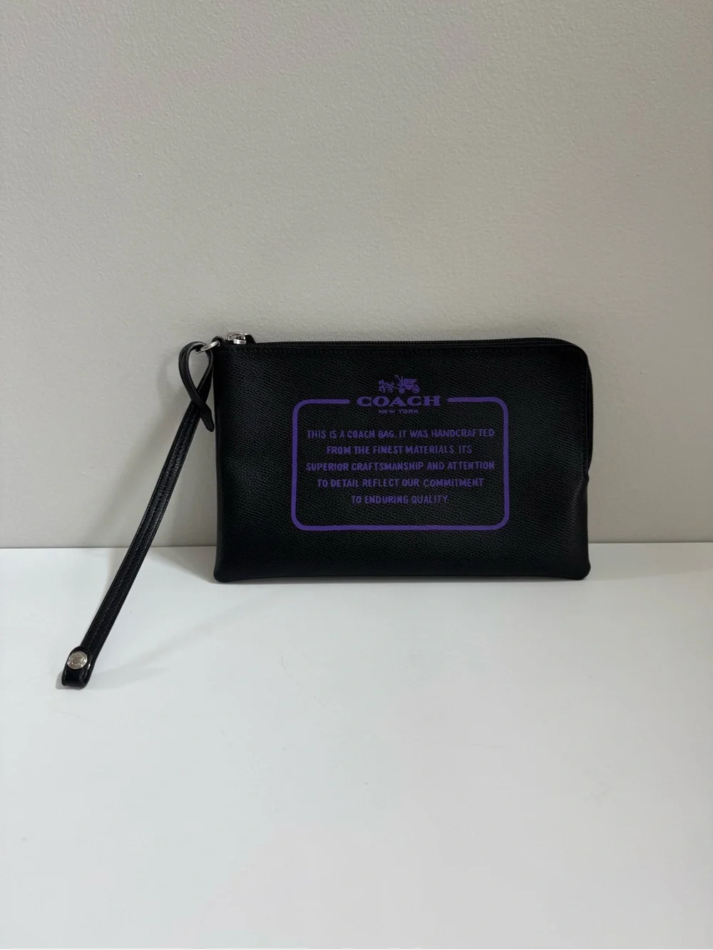 Coach Storypatch Creed Black & Purple Pebbled Leather Wristlet Clutch